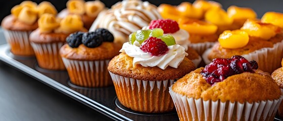 Freshly baked muffins with a variety of flavors and vibrant fruit toppings creating an enticing and delightful culinary experience for the senses