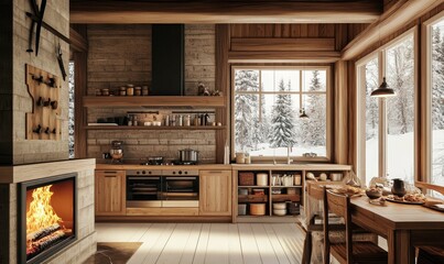 Fototapeta premium Rustic kitchen with fireplace and snowy winter view.