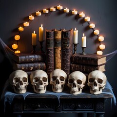 a room with a lot of candles and skulls on the table and books on the shelves and a window, Dirk Crabeth, gothic art, arcane, a still life