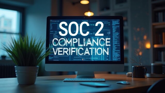 Modern Workspace with SOC 2 Compliance Verification on Digital Screen