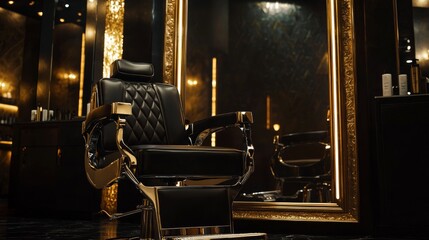 black leather barber chair positioned in front of a large mirror in a sophisticated hairdressing salon