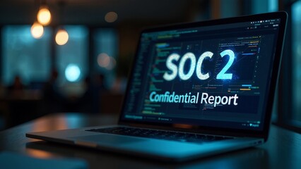 Confidential SOC 2 Compliance Report on Laptop in Professional Office Setting
