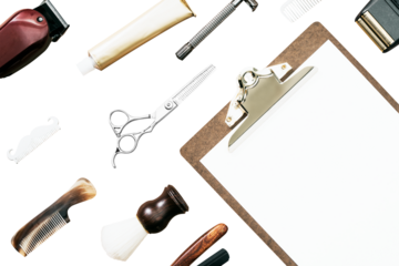 Blank paper png on clipboard  flat lay with barber tools job and career concept