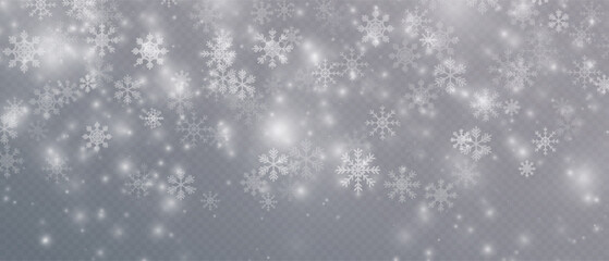 Winter background, Christmas snowflakes on a transparent background. Snow flakes, snow background. Heavy snowfall, snowflakes in different shapes and forms. 