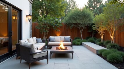 Fototapeta premium Chic Backyard Patio with Fire Pit and Cozy Seating for Outdoor Gatherings