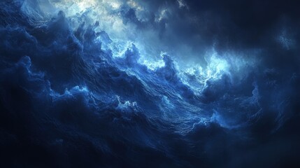 Powerful Ocean Waves Crashing with Dramatic Lighting and Dark Sky, Capturing the Intensity of a Stormy Sea