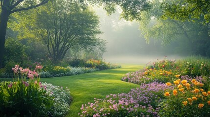 Obraz premium Morning mist drifting over a quiet spring garden, with colorful flowers and fresh green leaves softly glowing in the hazy light