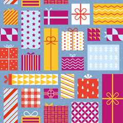 Obraz premium Gift pattern. Box ribbon wrap paper. Xmas or birthday celebration. Winter holiday party. Geometry bow package. Repeated print. Festive decoration. Christmas wrapping. Vector background