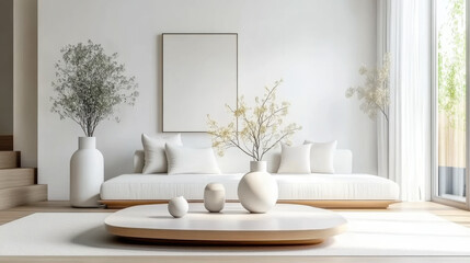 Scandinavian and nordic interior  living room with white sofa and wooden