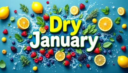Vibrant dry january banner with fresh fruits and splashing water for healthy living themes