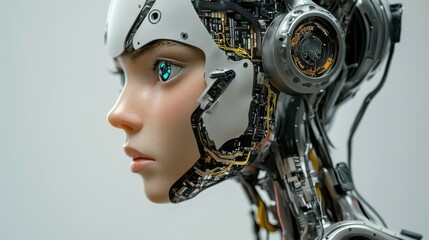 Fototapeta premium Advanced humanoid robot woman looking left with exposed circuits