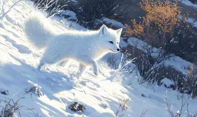 Fototapeta premium White arctic fox runs on snowy hillside.