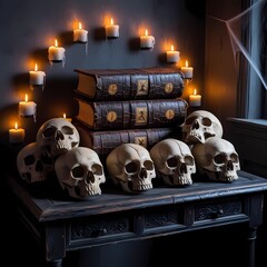 a room with a lot of candles and skulls on the table and books on the shelves and a window, Dirk Crabeth, gothic art, arcane, a still life