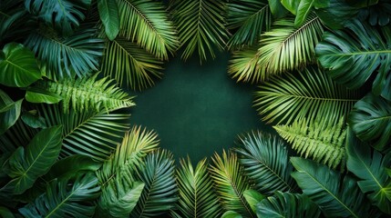 Palm leaves and ferns arranged in a symmetrical circle in a geometric pattern, creating a creative and modern feel.