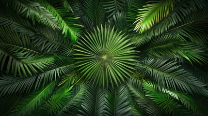 Palm leaves and ferns arranged in a symmetrical circle in a geometric pattern, creating a creative and modern feel.
