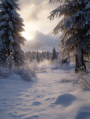 Naklejka premium A tranquil winter scene features snow-laden trees and a soft morning glow. Footprints in the snow lead through a peaceful forest, surrounded by mist.