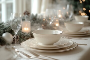 Christmas table setting as home with natural decorations. mystical atmosphere. Close up.