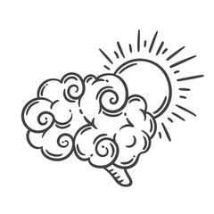 Human brain with summer sun line icon. Outline hand drawn sketch of good mood, peace and happiness in mind. Positive thinking, wellbeing, mental health mascot, happy brain icon vector illustration