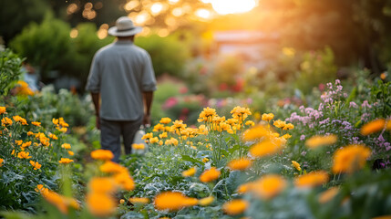A serene photography of a beautiful garden in full bloom, featuring vibrant flowers, neatly arranged vegetable patches, and a gardener carefully watering the plants under the soft afternoon sun.