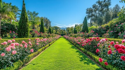 Obraz premium Rows of blooming roses in a formal spring garden, with lush greenery and a clear blue sky above