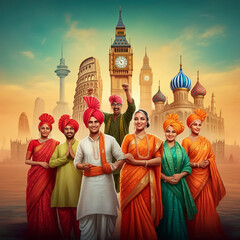 Fototapeta premium An illustration showcasing India’s cultural diversity, represented by people dressed in traditional Indian attire against a backdrop featuring famous international landmarks like Big Ben and the Kreml