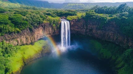 Fototapeta premium Soft rainbow appearing in the mist of a tall waterfall surrounded by rocky cliffs and greenery