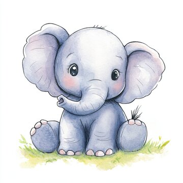 Cartoon Cute Elephant Baby Drawing Illustration.
