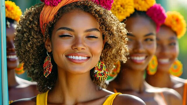 A woman with curly hair and a bright smile wears a yellow top and flower crown at a Brazilian festival