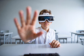 Schoolboy wearing virtual reality headset experiencing metaverse in classroom