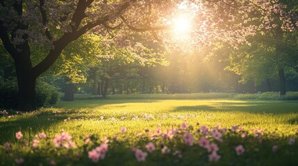 Obraz premium Spring sunlight casting long shadows over a peaceful park filled with blooming flowers and budding trees