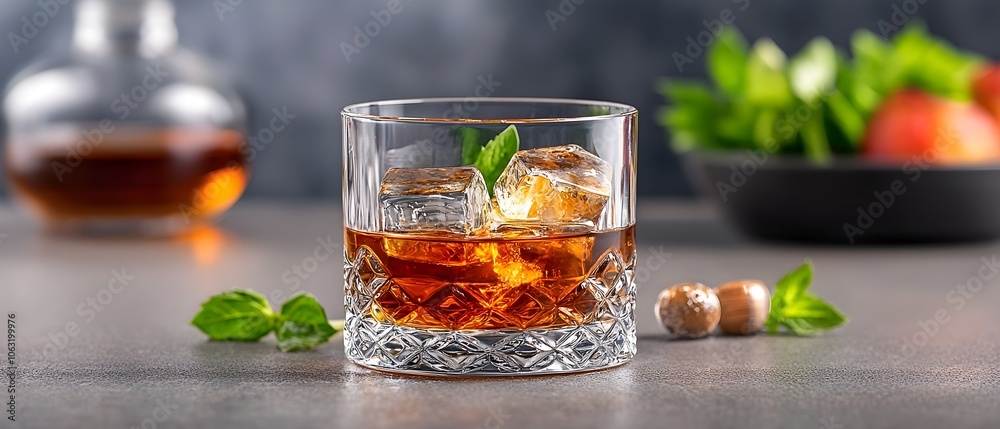 Aufkleber luxurious whiskey glass with ice on the rocks set against a backdrop of a stylish bar interior with 