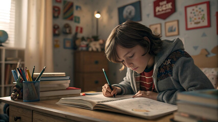 Young child diligently works on homework in a cozy, decorated bedroom, surrounded by books and school supplies, showcasing concentration and study.
