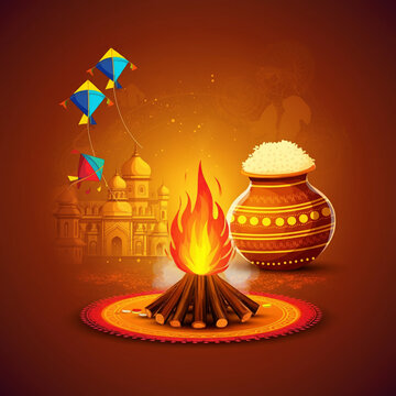 Vibrant Makar Sankranti celebration with traditional bonfire and decorative pot, symbolizing the harvest festival&rsquo;s joy