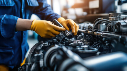 Close up of engineer hands in yellow gloves working on mechanical engine, showcasing precision and focus in workshop environment
