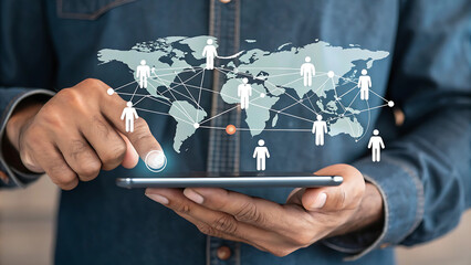Close-up of a person using a tablet with a digital world map overlay, representing global communication, networking, and online connections.
