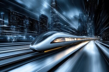 Fototapeta premium futuristic high-speed train racing through a vibrant neon cityscape at night, capturing the essence of advanced technology and urban motion with dynamic lighting and sleek design