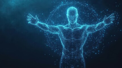 A man covers an abstract icon of the Vitruvian Man with his hands. Digital science or anatomy concept. Low poly wireframe vector illustration in blue hologram polygonal style. Geometric image