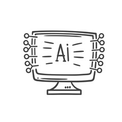 Computer with AI text and circuit connection line icon. Outline hand drawn chat bot on PC screen, virtual assistant and content generator. Artificial intelligence mascot, AI icon vector illustration