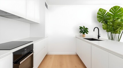 Fototapeta premium Minimalist kitchen with clean lines pristine white cabinets and a touch of lush greenery accents creating a peaceful and eco friendly living space