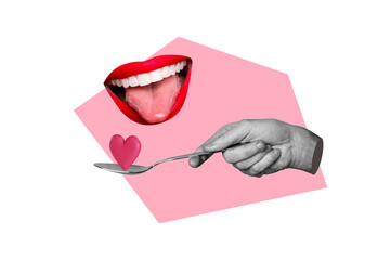 Composite photo collage of hand hold spoon sweet heart candy valentine day celebration feed mouth...