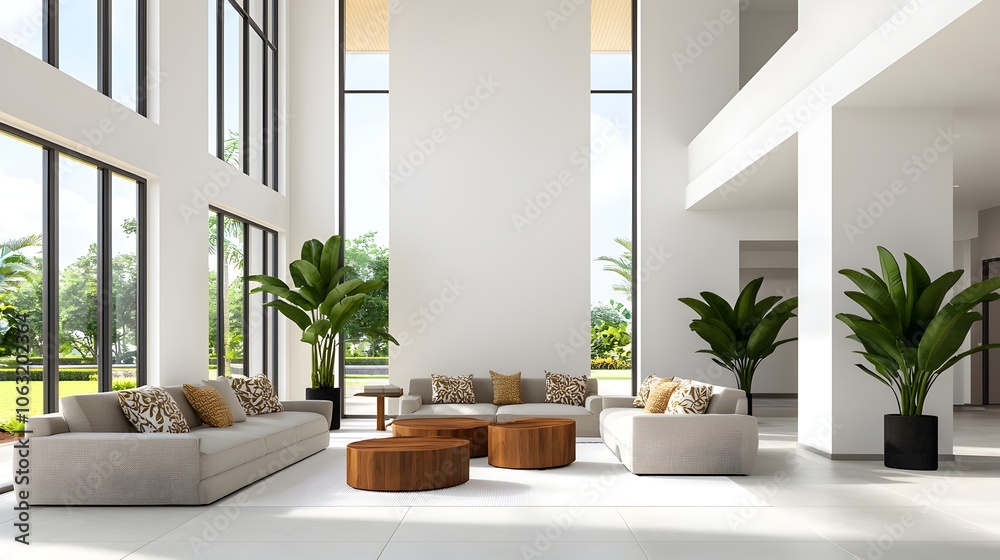 Poster a spacious open plan living room with comfortable seating decorative pillows and floor to ceiling wi