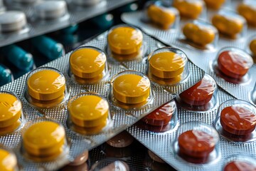 Pharmaceutical Blister Packs with Yellow and Red Pills for Medical Use