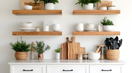 Cozy and Inviting Farmhouse Style Kitchen with Rustic Decor Open Shelves and White Cabinetry Providing a Warm Traditional yet Modern Look for the Dining and Cooking Space