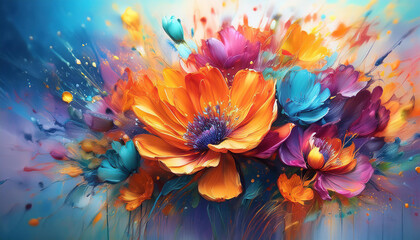 Obraz premium Abstract oil painting of colorful flowers. Floral art. Beautiful nature. Hand drawn