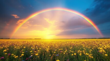 Sunset sky illuminated by a bright rainbow stretching over a golden field of wildflowers