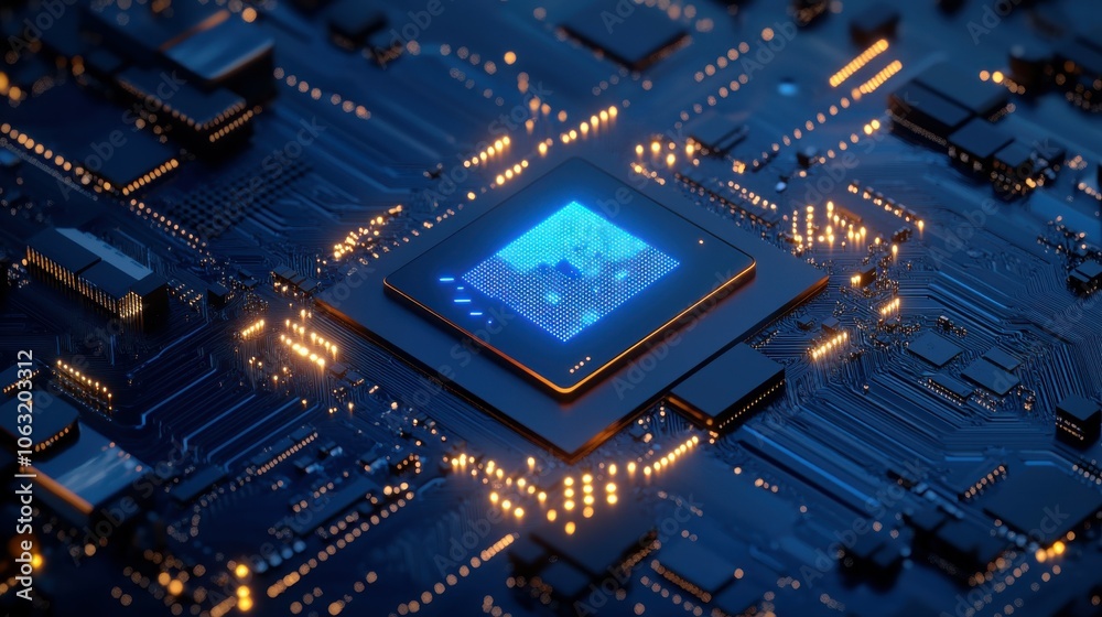 Poster abstract cpu processor or semiconductor with power icon with glowing pixels on technology circuit bo