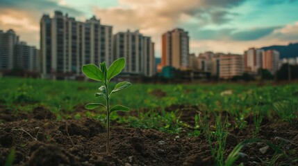 A small green plant is growing in a field next to a city