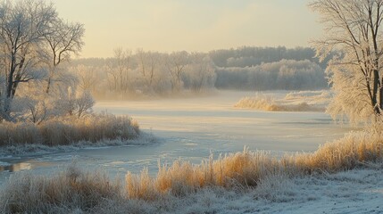 Fototapeta premium The branches of the ice-covered trees sparkle in the morning light, as snow blankets the quiet landscape.