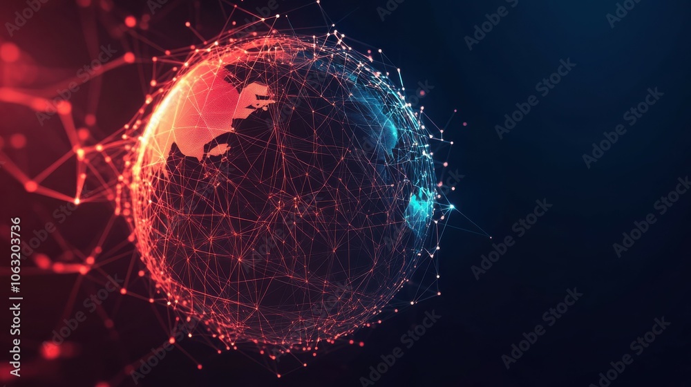 Poster Abstract digital 3D blockchain icon on technology globe Earth background. Hologram of linked blocks in space in low poly wireframe futuristic style. Modern red polygonal vector illustration.