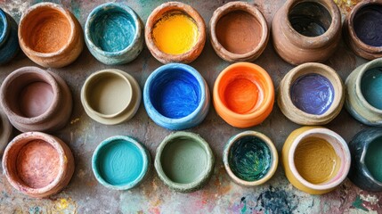 Ceramic materials such as clay, pigments, and glazes set out for crafting